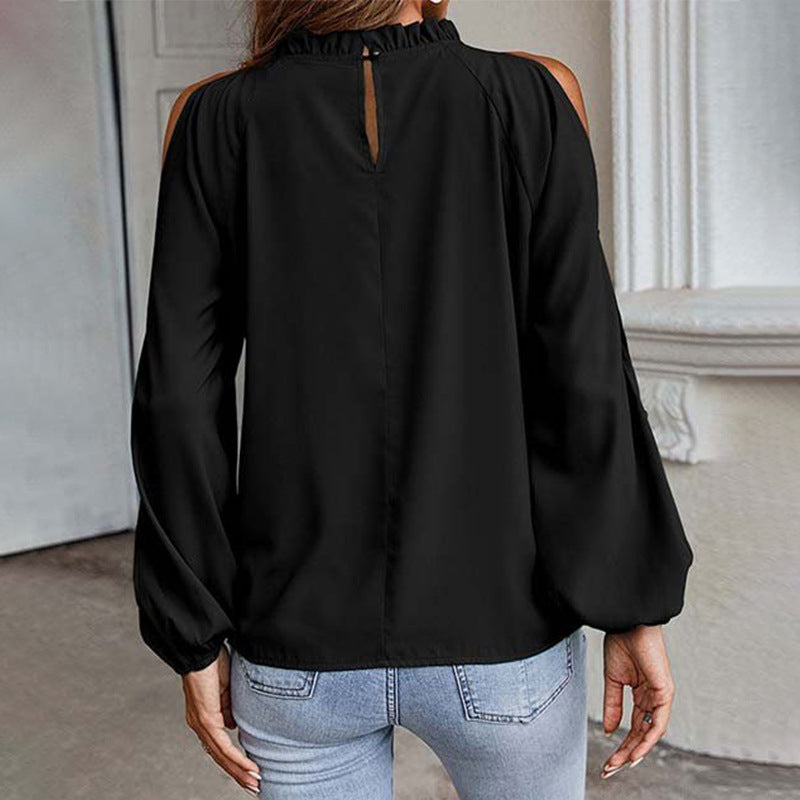 Off Shoulder Top for Women Spring Autumn Solid Color Loose round Neck Long Sleeve Simple Chiffon Shirt for Women