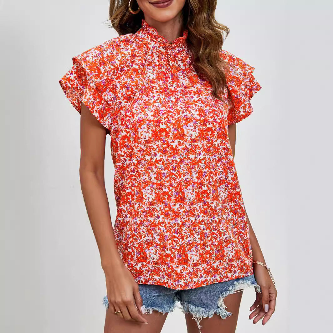 Women Top Half Turtleneck Double Layer Sleeve Casual Loose Printed Short Sleeved Top