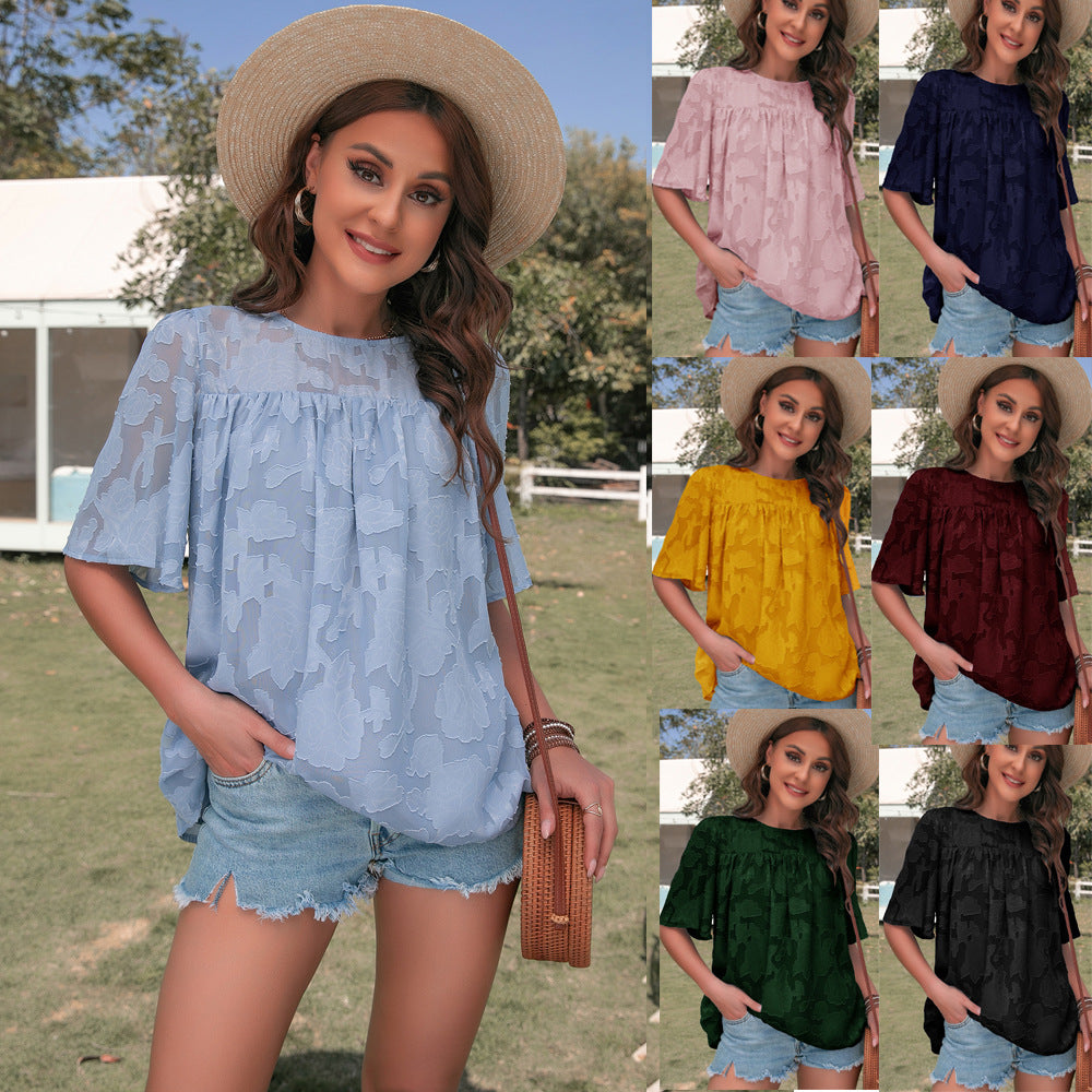 Summer Shirt Women Bell Sleeve Little-Girl Clothes Lace Hollow-out Chiffon Top