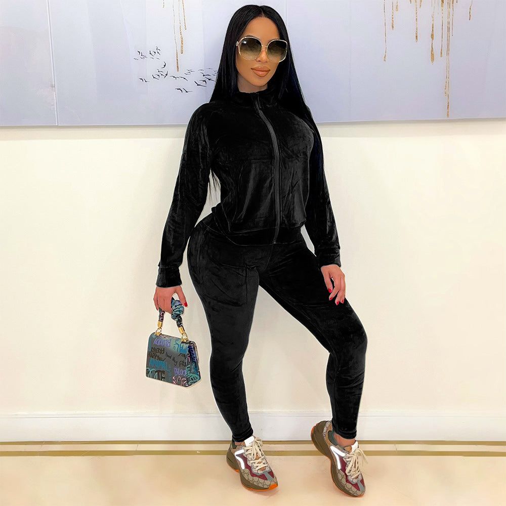 Autumn Winter Women Clothing Sports Casual Solid Color Pleuche Long Sleeve Women Pants Suit