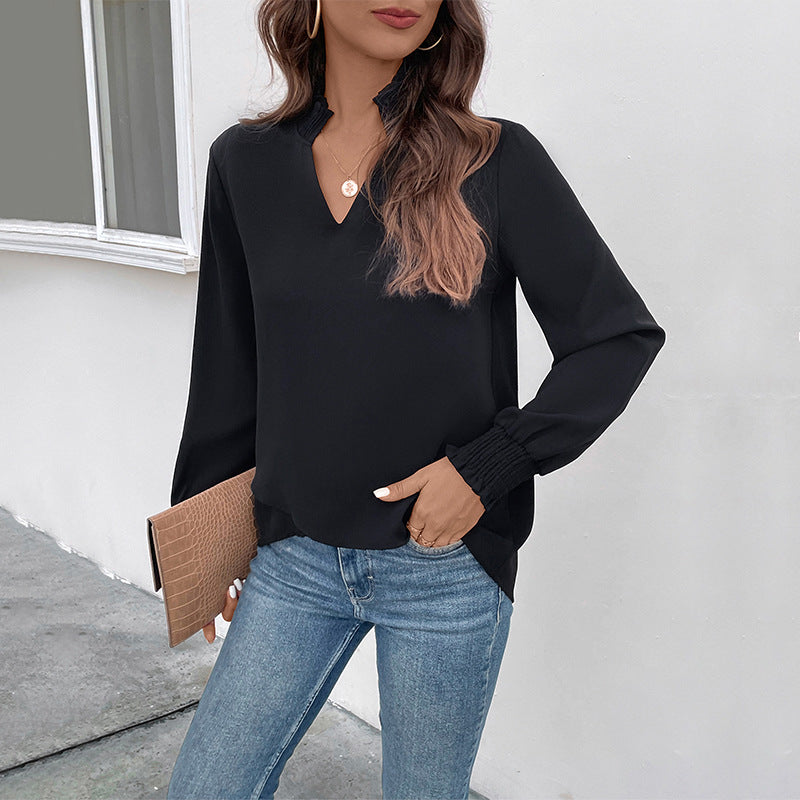 Spring Women V neck Solid Color Long Sleeve Shirt