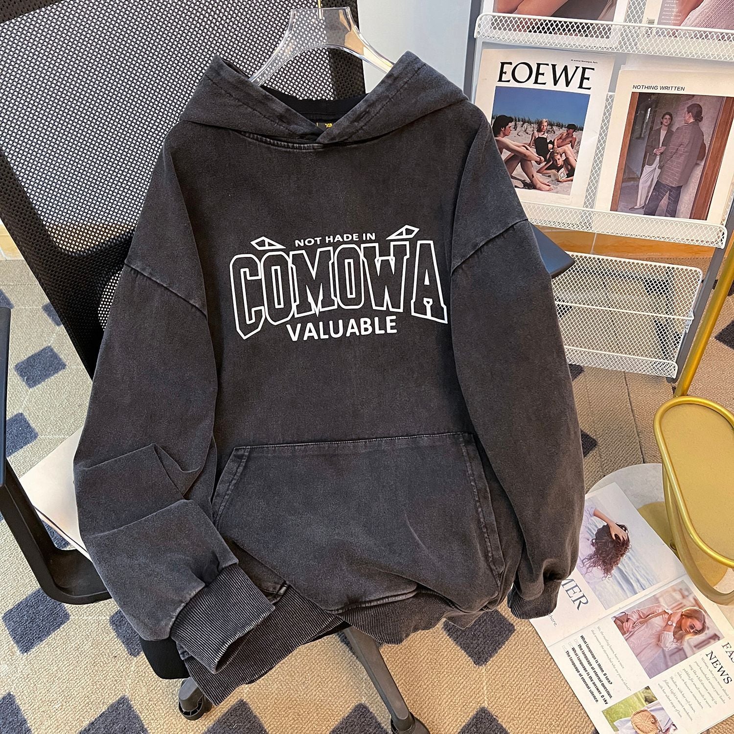 Washed Distressed Thickened Composite round Neck Hooded Sweater Street Oversize Trendy Fleece Padded Coat