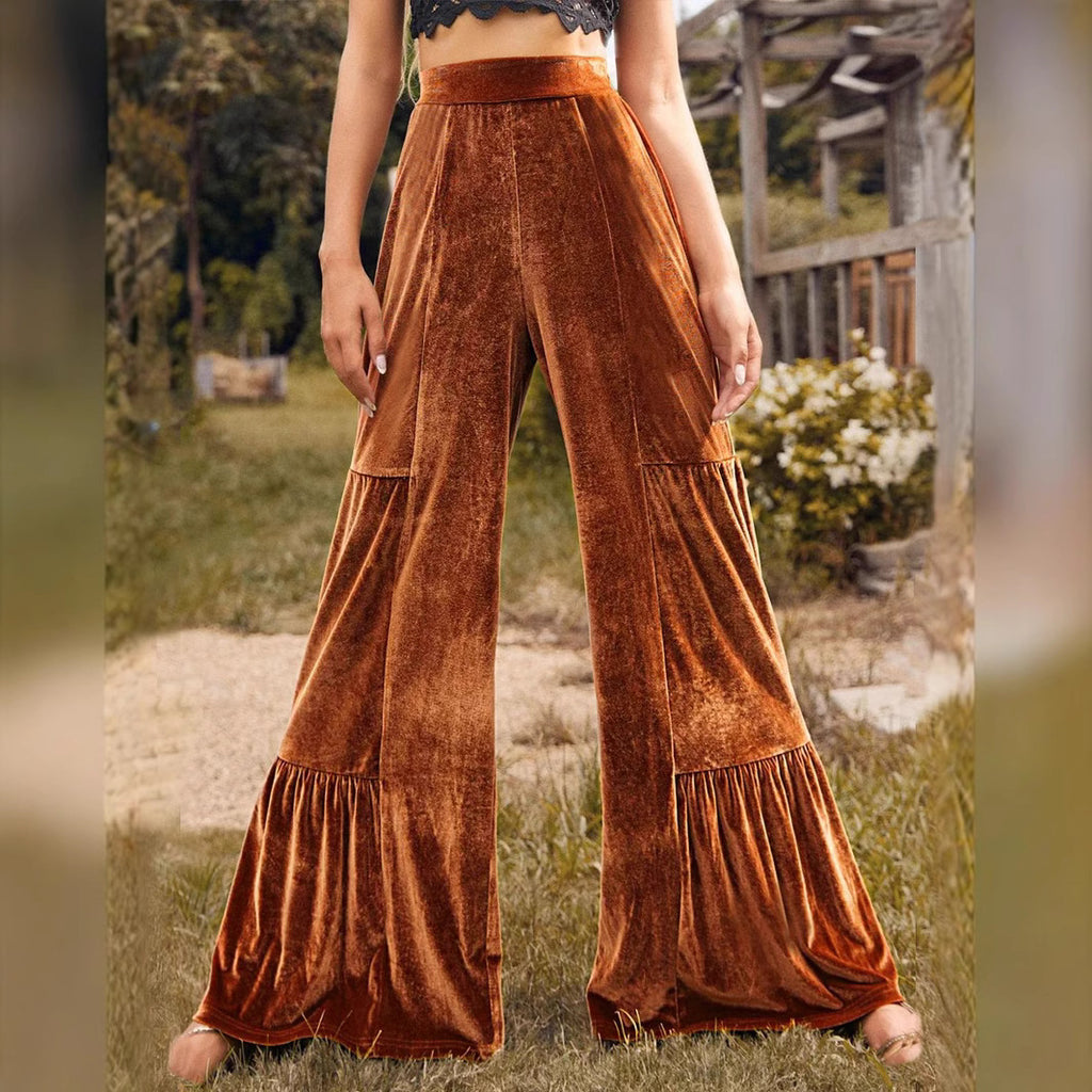 Women Clothing Autumn Winter Trendy Casual Trousers Gold Velvet Ruffled Wide Leg Pants