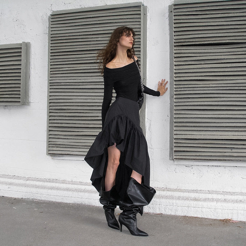 Falda asimétrica irregular de algodón con volantes, cintura alta y pierna abierta para mujer