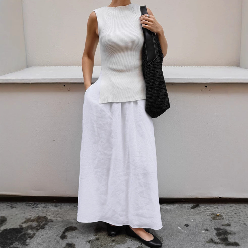 White Cotton Linen A line Skirt Loose High Waist Skirt Autumn Winter Long Skirt