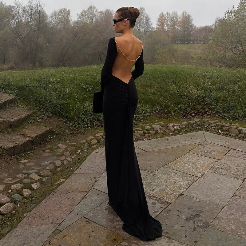 Autumn Winter Women Sexy Backless Chain Decoration Slim Fit Long Sleeved Dress