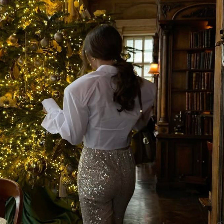 French Simplicity Commuting Short Model in White Color Women Shirt Autumn Polo Collar Long Sleeve All Match Cardigan Top