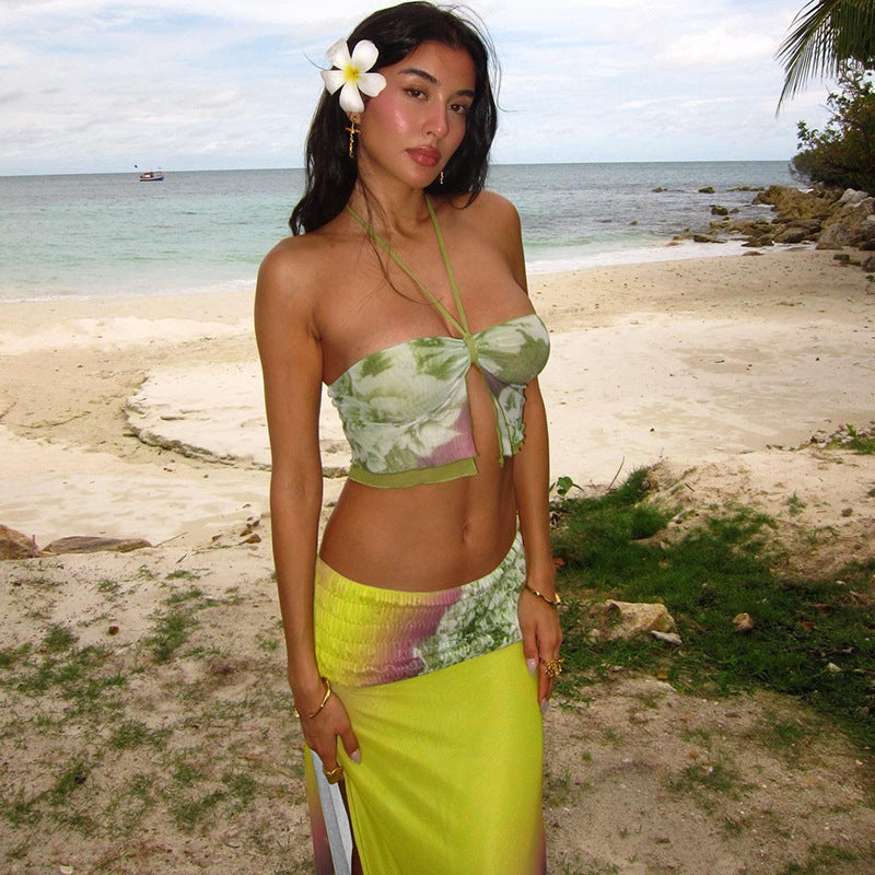 Autumn Winter Women Clothing Personality Mesh Printed Halter Spaghetti Straps Vest Sexy Slit Mid Length Skirt Set