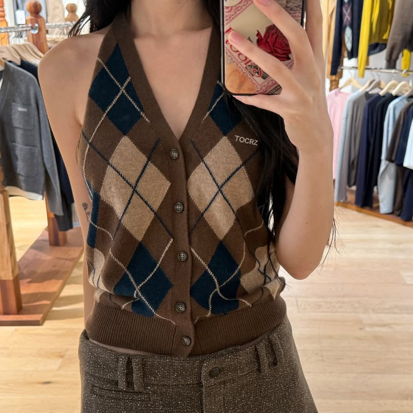 Retro Rhombus Wool Woven Halter Backless Sexy Vest V neck Slim Fit Buttoned Design Sleeveless Sweater Vest