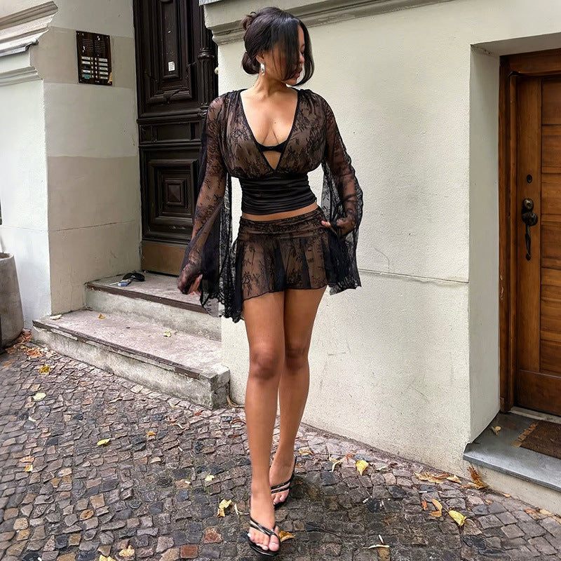 Autumn Winter Women Clothing Sexy V neck Waist Controlled Top Hip Skirt Lace Stitching Set