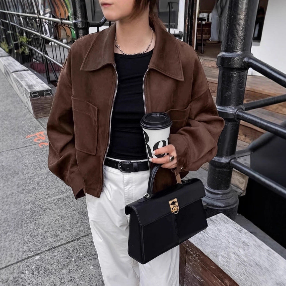 Autumn Winter Long Sleeve Suede Coat Brown Small Business Suit Zip Top Jacket Women Clothing
