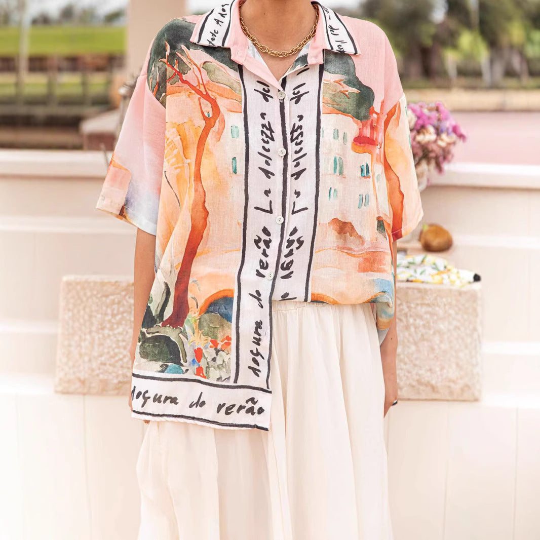 Summer Personalized Graffiti Print Holiday Casual Loose Short Sleeves Shirt Women