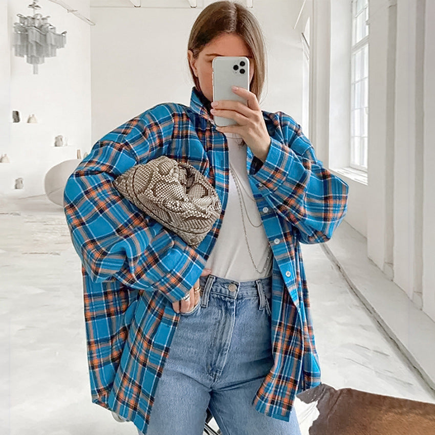 Summer Loose Street Plaid Women Shirt Casual Top for Women