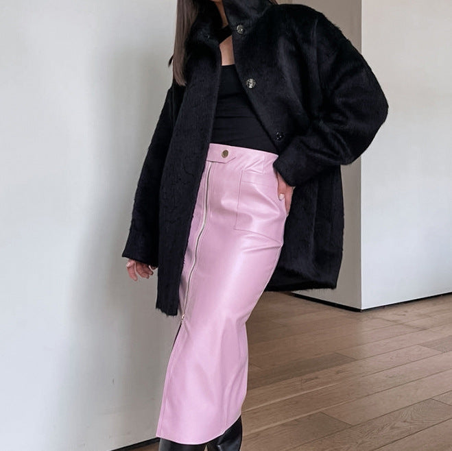 Jupe mi-longue fendue en cuir mat style rétro automne-hiver