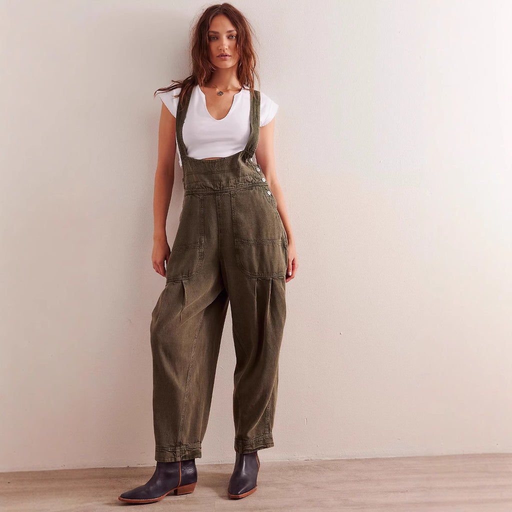 Women Loose Casual Side Pocket Sleeveless Denim Suspender Pants