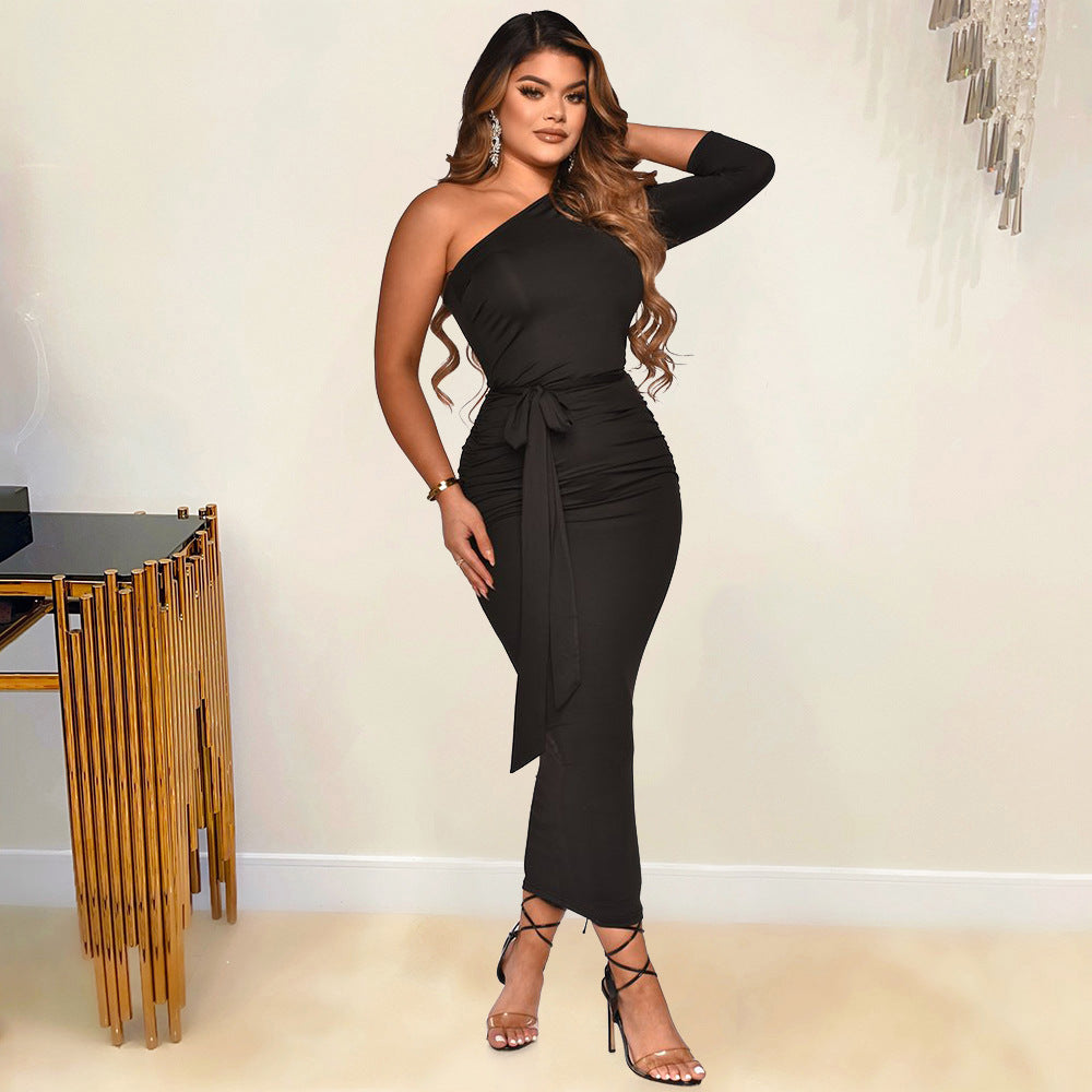 Women Clothing Sexy Tight Irregular Asymmetric Shoulder Half Sleeve Dress