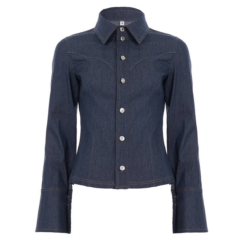 Autumn Winter Blue Split Shirt Women's Bandage Dress Inner Collared Loose Breasted Jacket