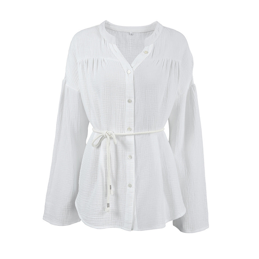 White Cotton Bubble Crepe Small Stand up Collar Tie Long Sleeved Shirt Women Top