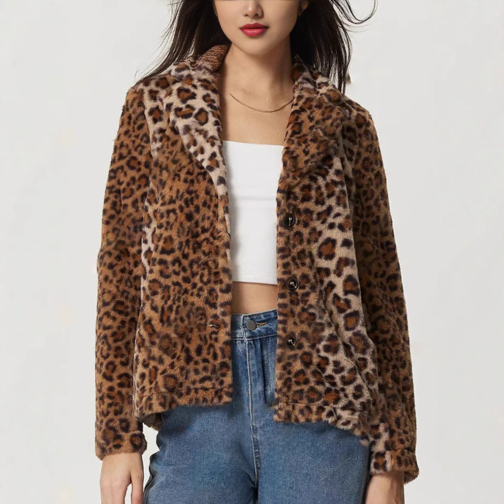 Women Clothing Buckle Collared Thickening Leopard Print Coat