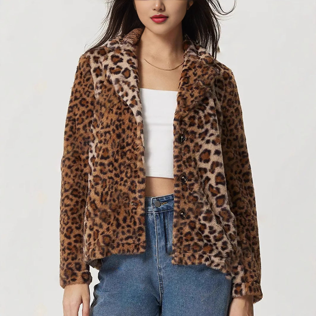 Women Clothing Buckle Collared Thickening Leopard Print Coat