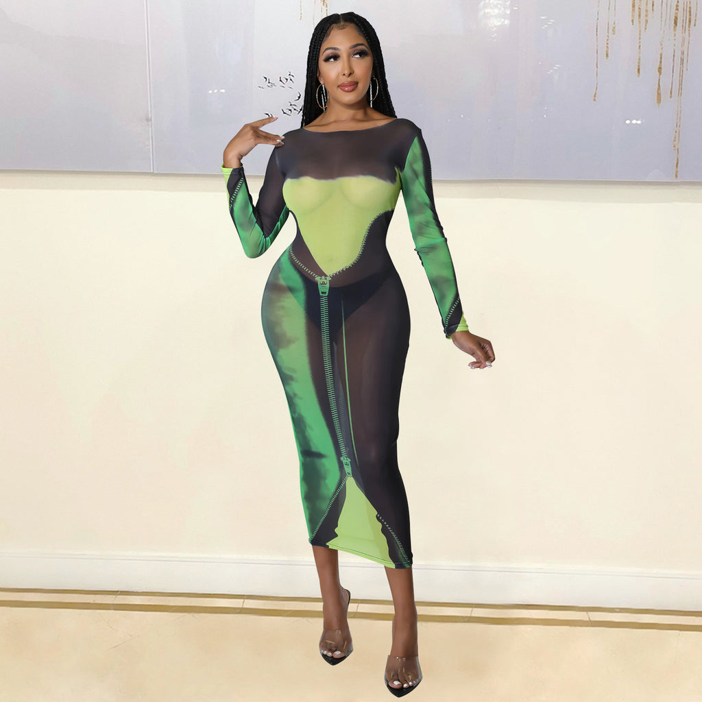 Summer Women Clothing Sexy Mesh Floral Print Long Sleeve Mid-Length Women Dress