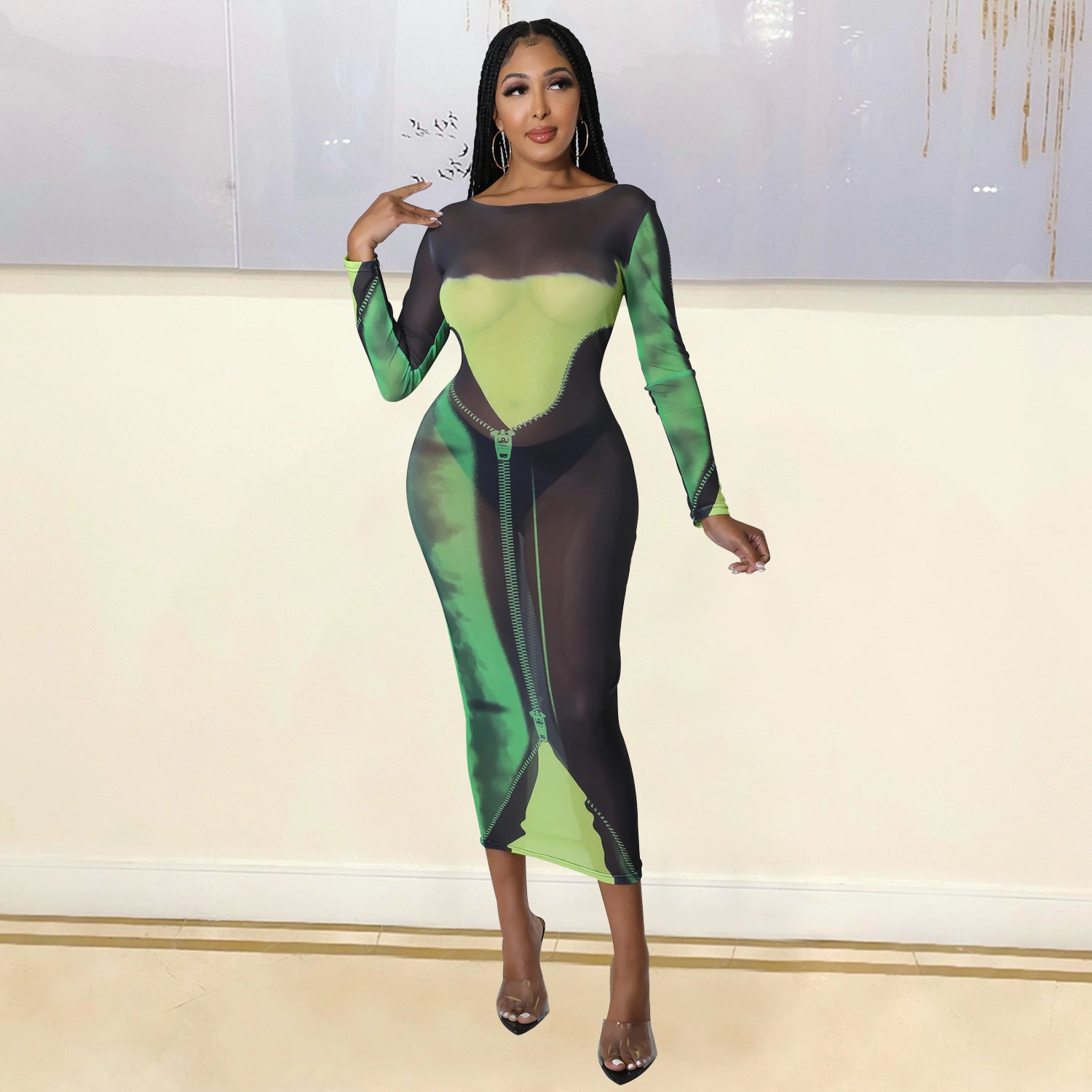 Summer Women Clothing Sexy Mesh Floral Print Long Sleeve Mid-Length Women Dress