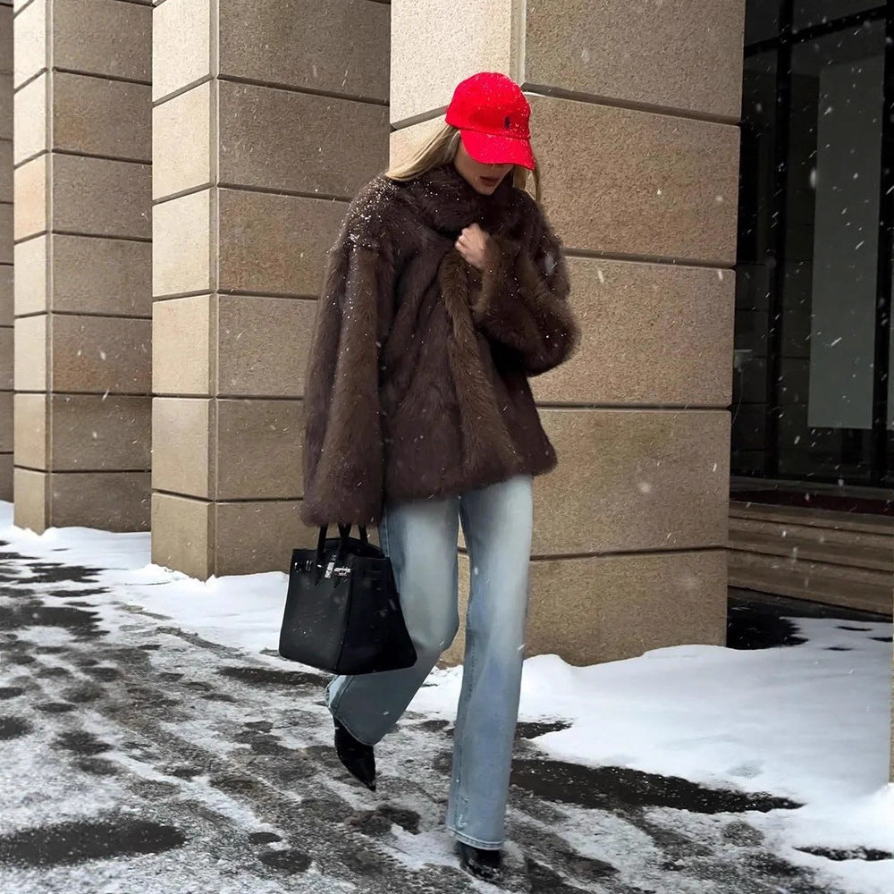 Faux Fur Coat Collared Fashionable Warm Women Clothing Autumn Winter Faux Fur Coat