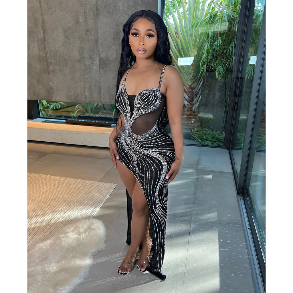 Summer Women Clothing Sexy Mesh Rhinestone Night Club Slip Dress Women