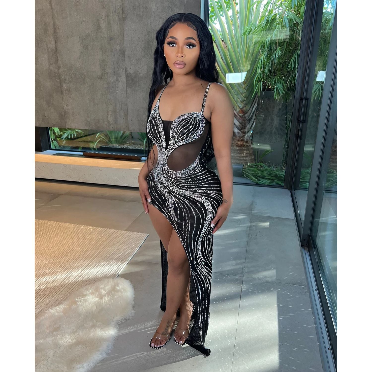 Summer Women Clothing Sexy Mesh Rhinestone Night Club Slip Dress Women