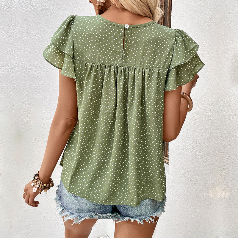 Summer Women Wear Ruffled Short Sleeves Green Shirt Women