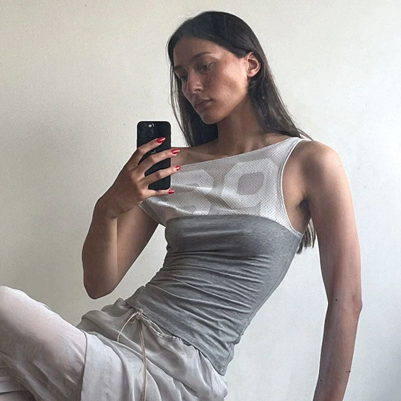 Sexy Diagonal Collar Digital Printed T shirt Stitching Contrast Color Oblique Shoulder Waist Irregular Asymmetric Top