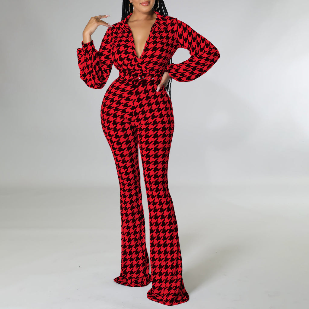 Women Clothing Autumn Winter V Neck Puff Sleeve Waist Trimming Printing Wide Leg African Jumpsuit