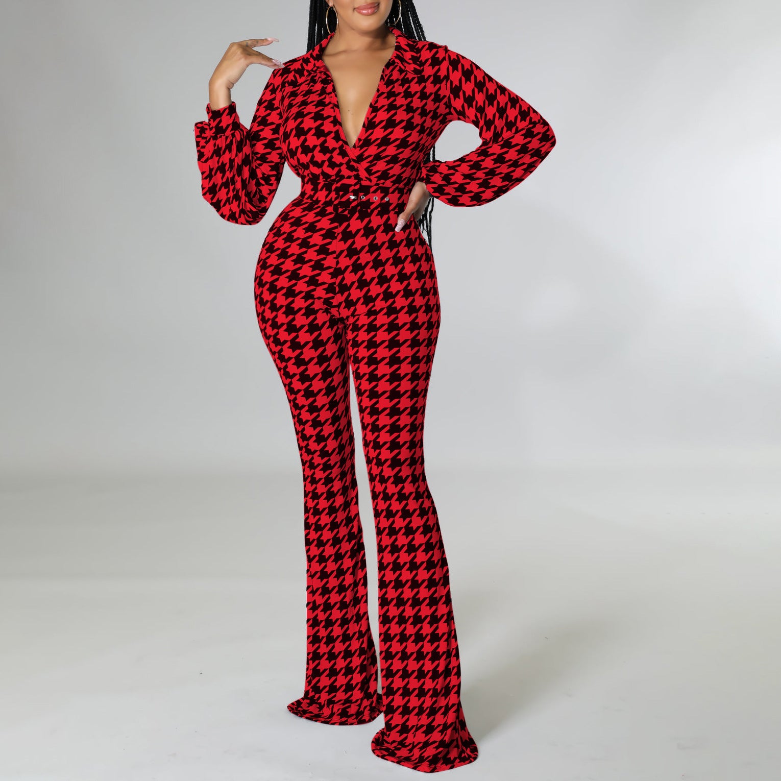 Women Clothing Autumn Winter V Neck Puff Sleeve Waist Trimming Printing Wide Leg African Jumpsuit