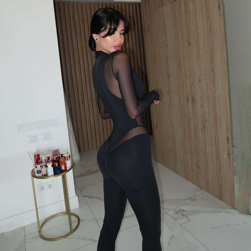 Autumn Winter Women Clothing Sexy Mesh Stitching Sheer Cutout High Necked Long Sleeve Slim Fit Bodysuit