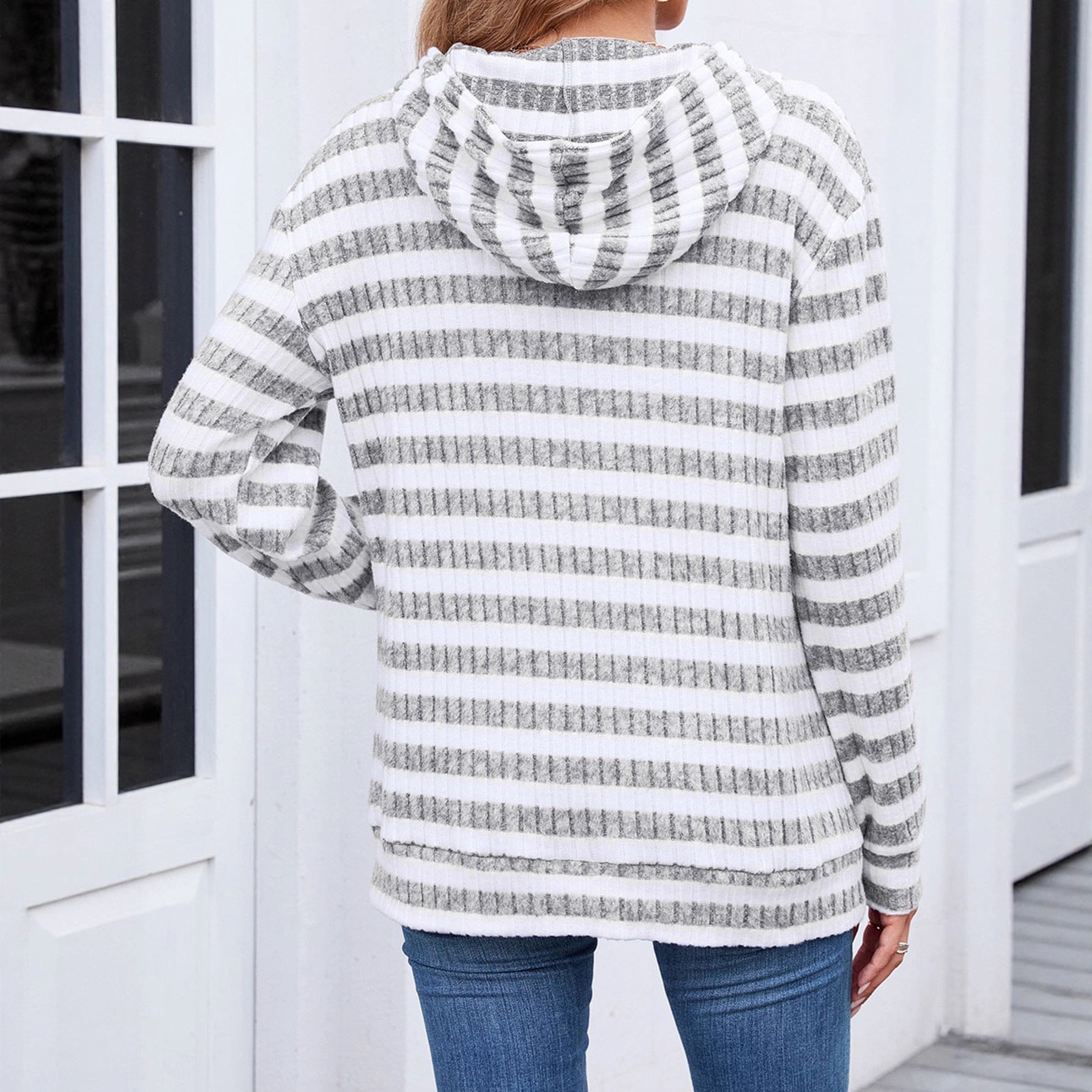 Fall Winter Striped Hooded Top Pocket Loose Long Sleeve Sweatershirt Women