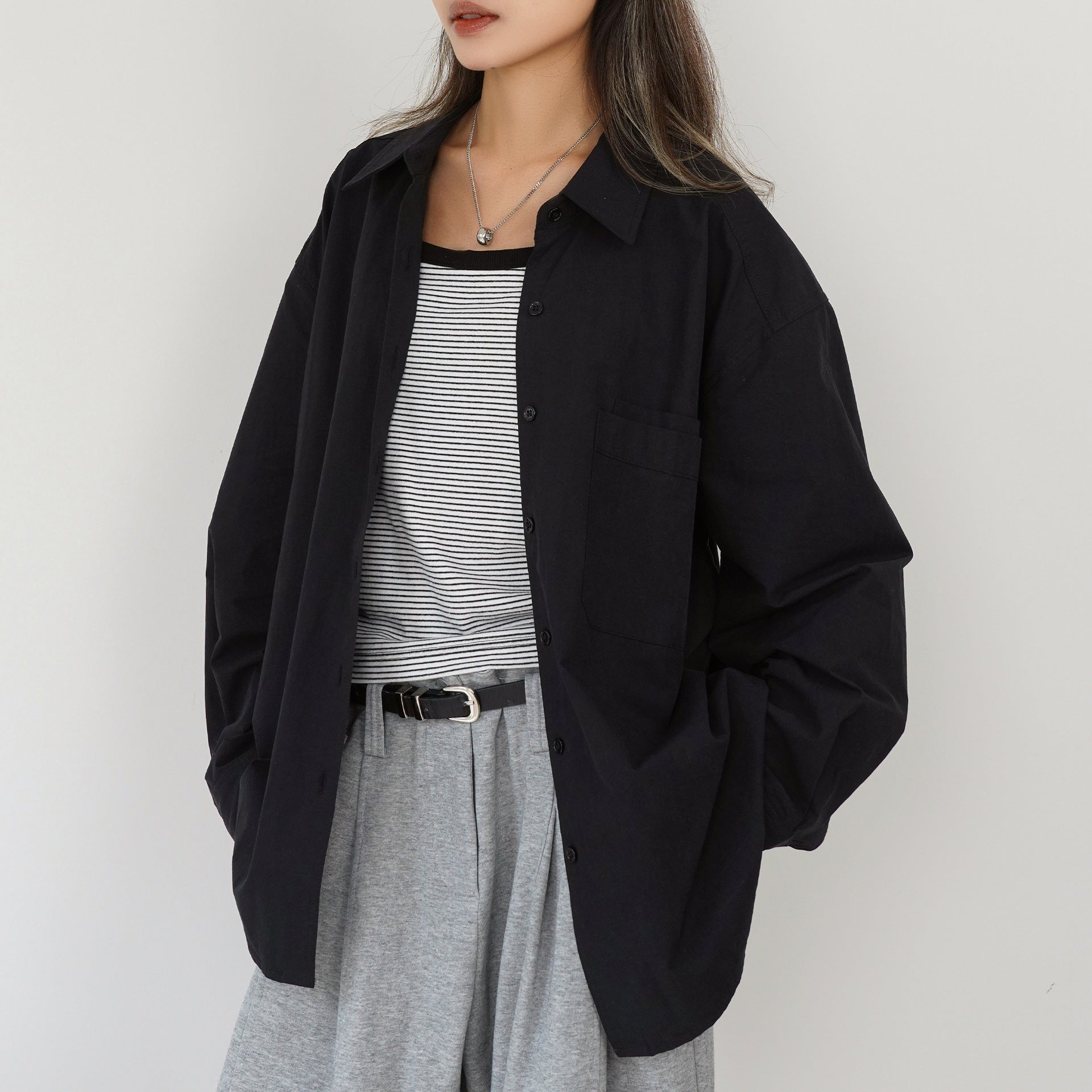 Basic Double Pocket Cotton Shirt Women Autumn Solid Color Polo Collar Top Single Breasted Long Sleeve Cardigan