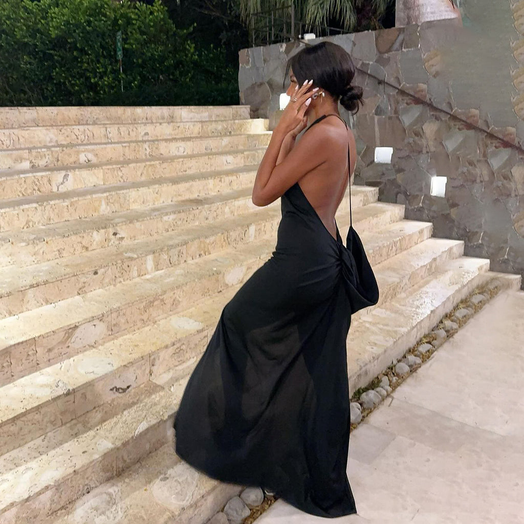 Autumn Winter Women Clothing Solid Color Sexy Big Backless U Neck Side Slit Pleated Dress