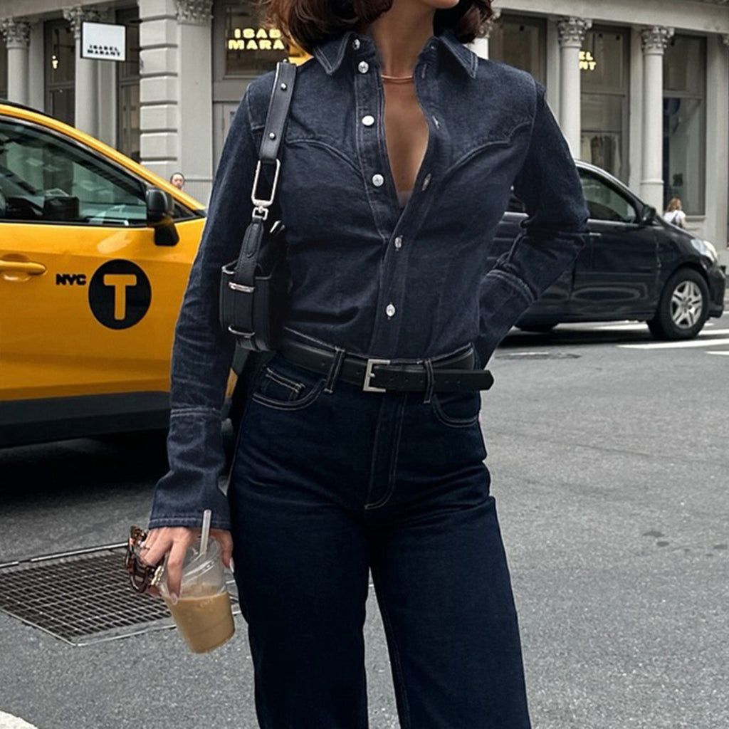 Autumn Winter Blue Split Shirt Women's Bandage Dress Inner Collared Loose Breasted Jacket