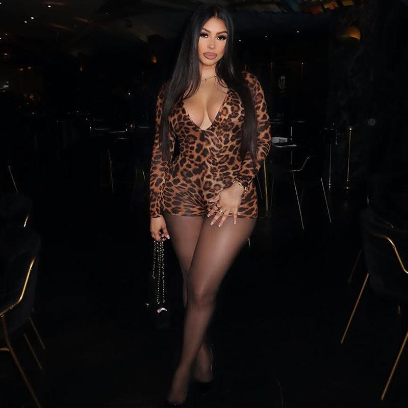 Women Clothing Autumn Winter Leopard Print V neck Long Sleeve Sexy Tight Jumpsuit Women