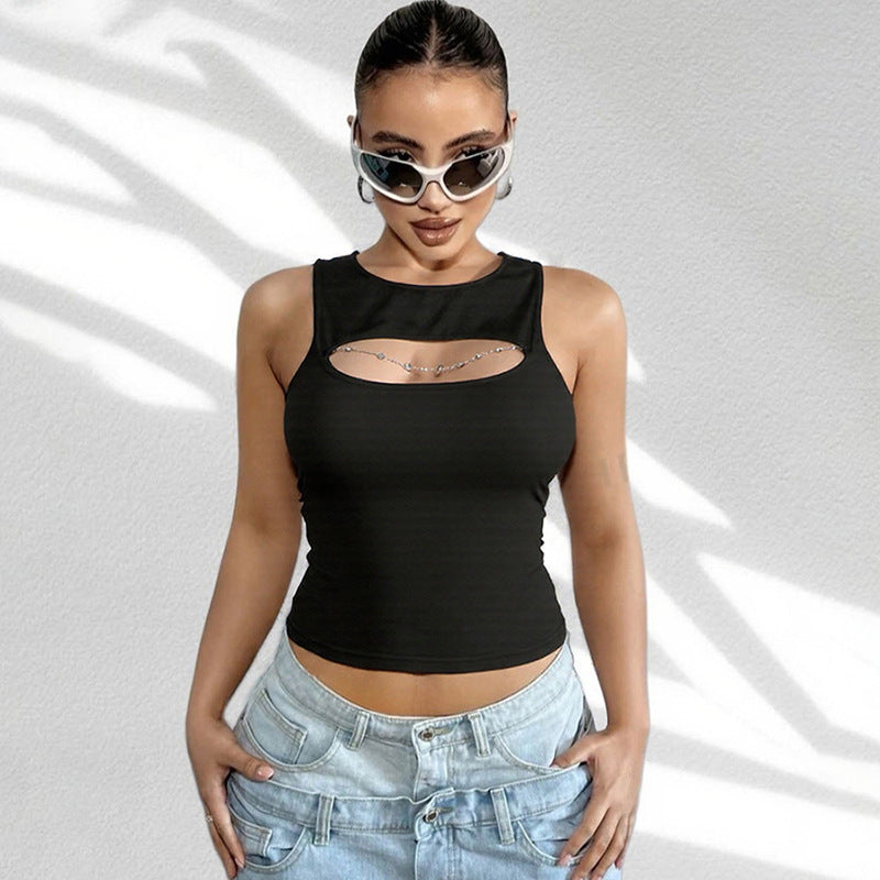 Summer Women Clothing Personality Chain Slim Fit Patchwork Sexy Cutout round Neck T shirt Vest for Women