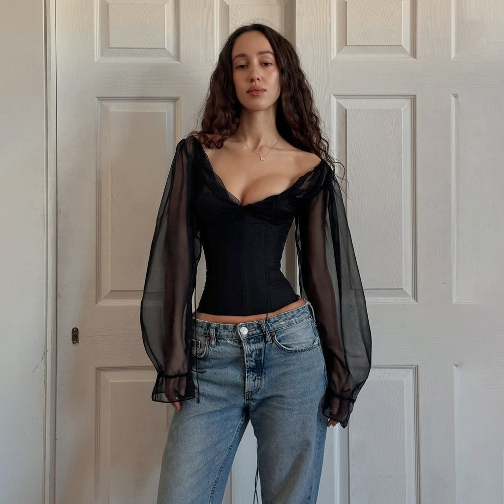 Women Clothing Palace Sexy V neck Pleated T shirt Chiffon Tight Waist Slim Fit Puff Sleeve Top Autumn