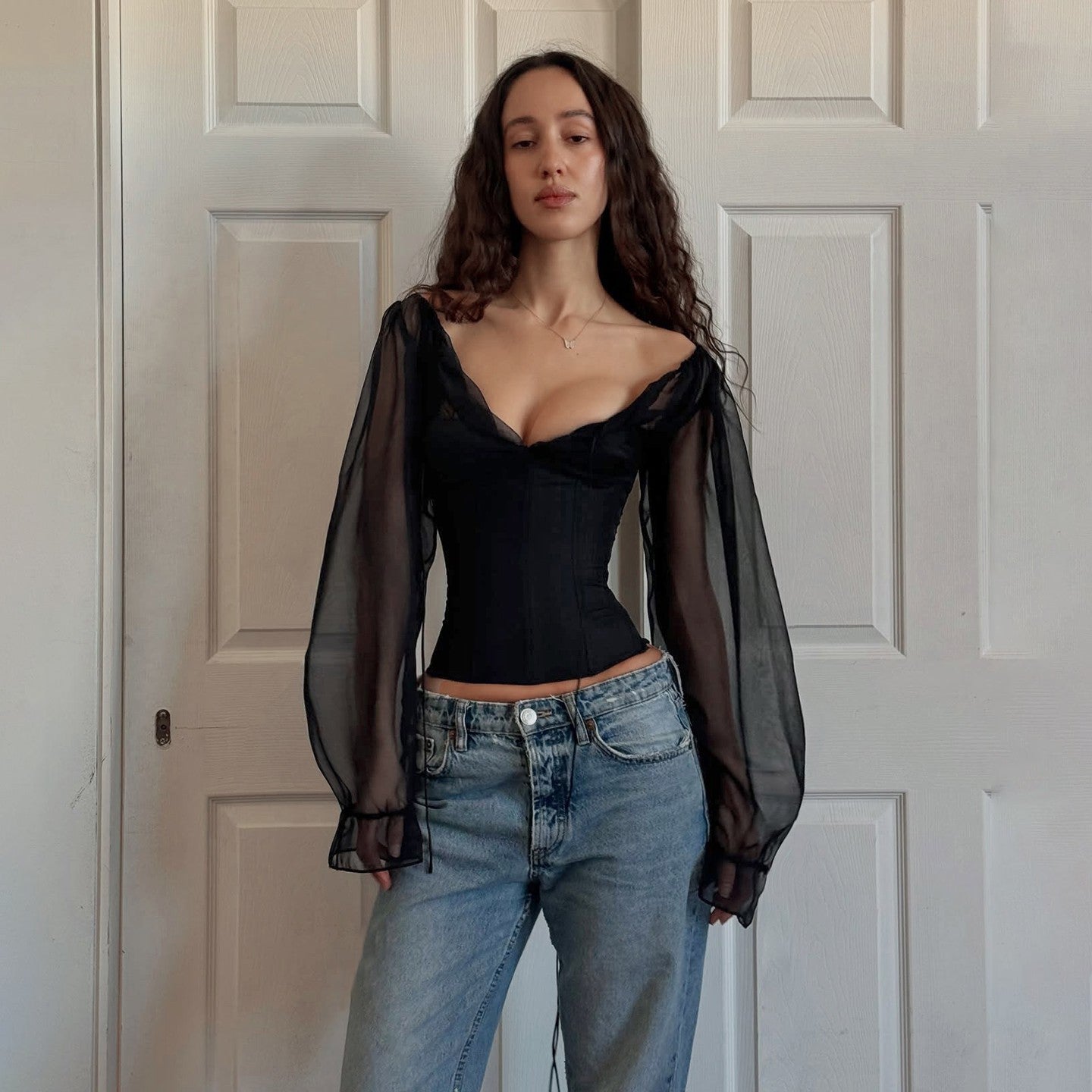 Women Clothing Palace Sexy V neck Pleated T shirt Chiffon Tight Waist Slim Fit Puff Sleeve Top Autumn