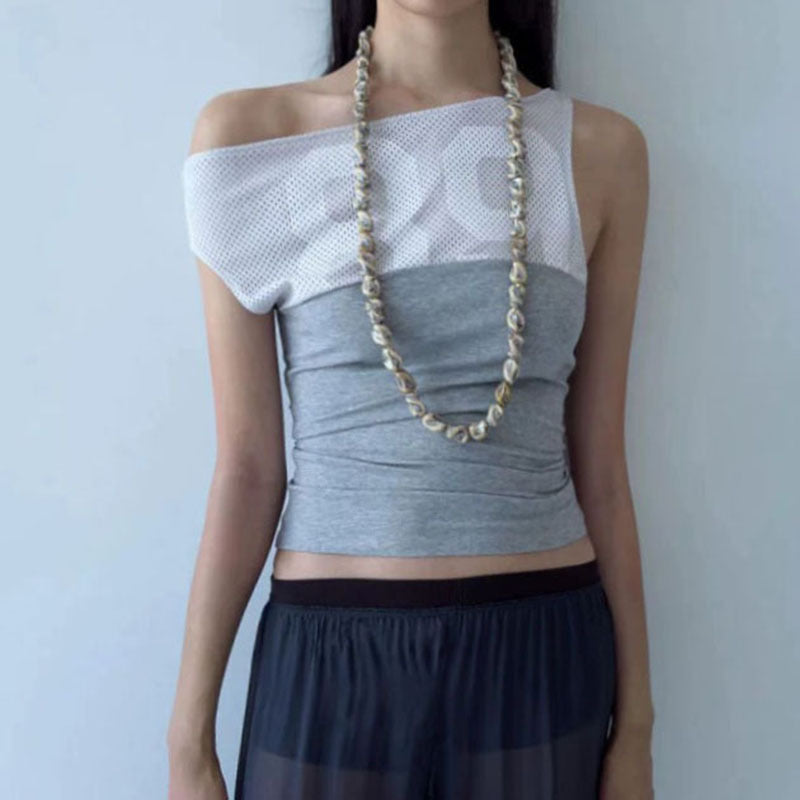 Sexy Diagonal Collar Digital Printed T shirt Stitching Contrast Color Oblique Shoulder Waist Irregular Asymmetric Top