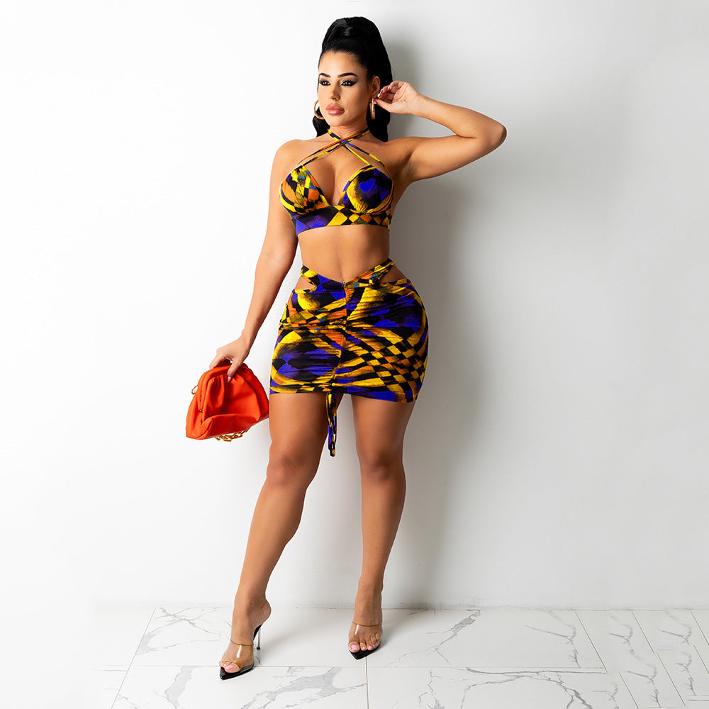 Conjunto de dos piezas de falda corta con tirantes en el pecho y falda a la cadera para discoteca sexy