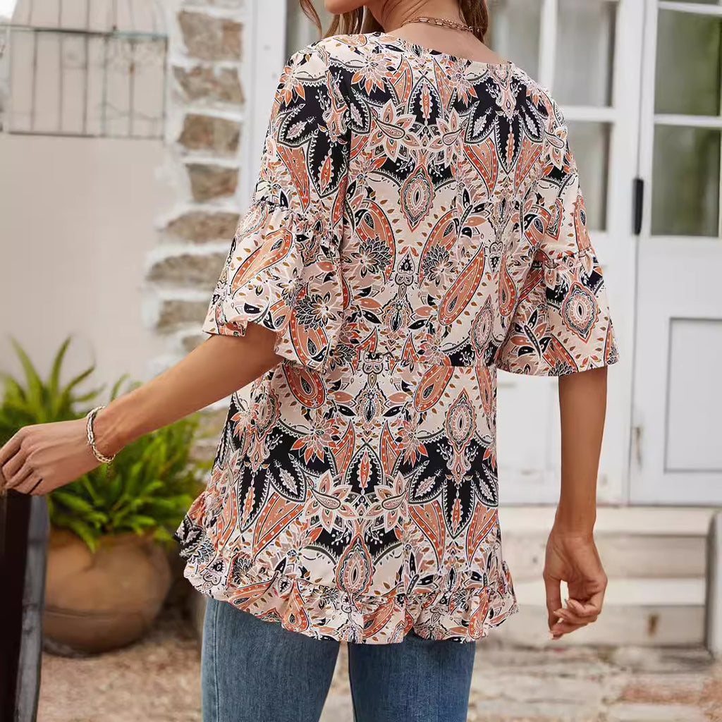 Summer Women Clothing V neck Printed T shirt Casual Bell Sleeve Top