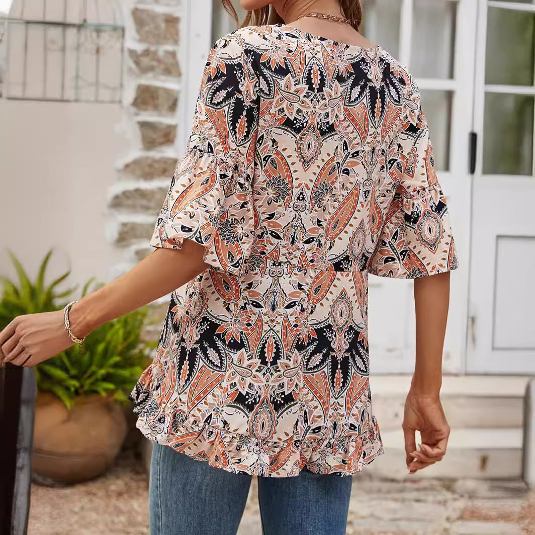 Summer Women Clothing V neck Printed T shirt Casual Bell Sleeve Top