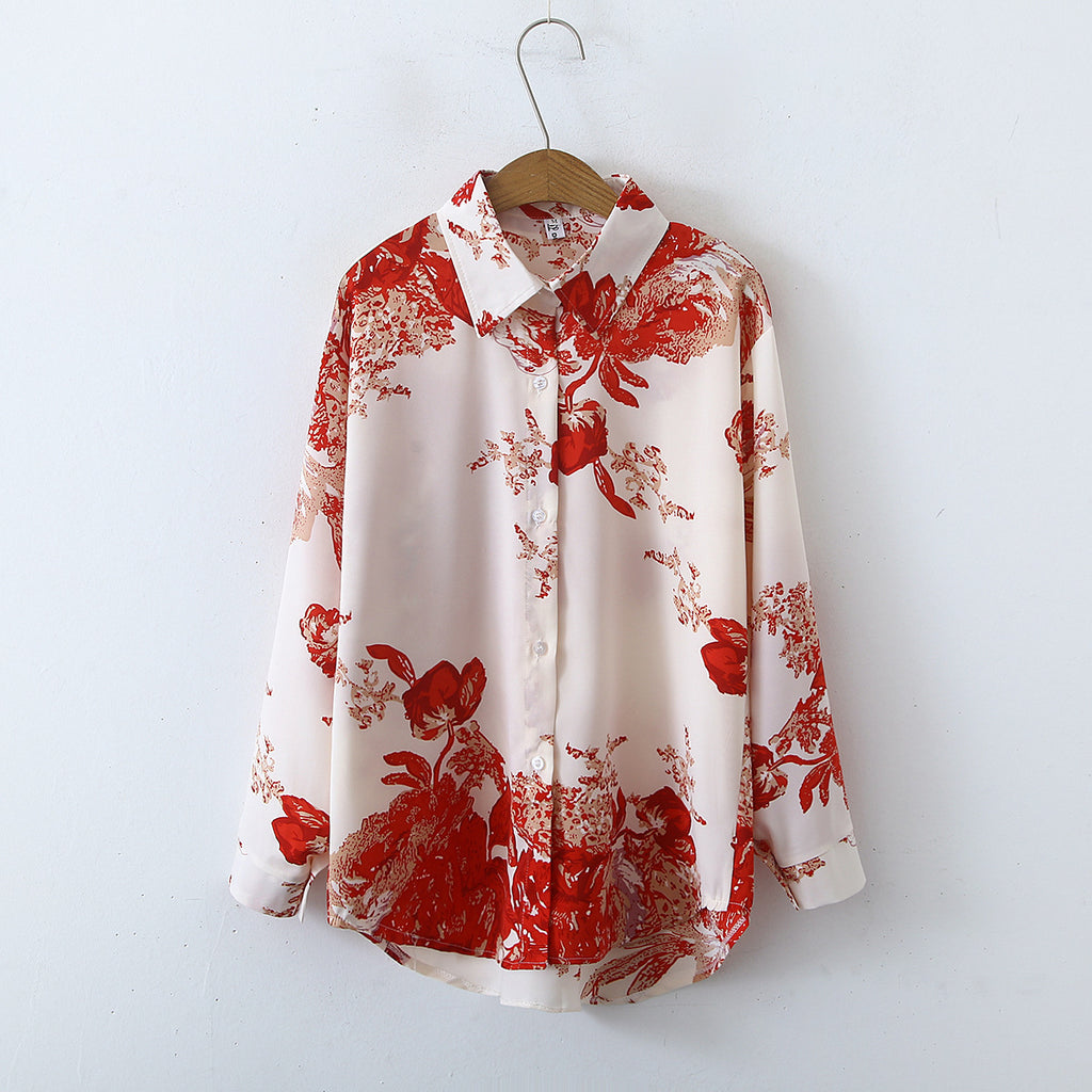 Autumn Retro Simple Printed Long Sleeve Satin Shirt Women