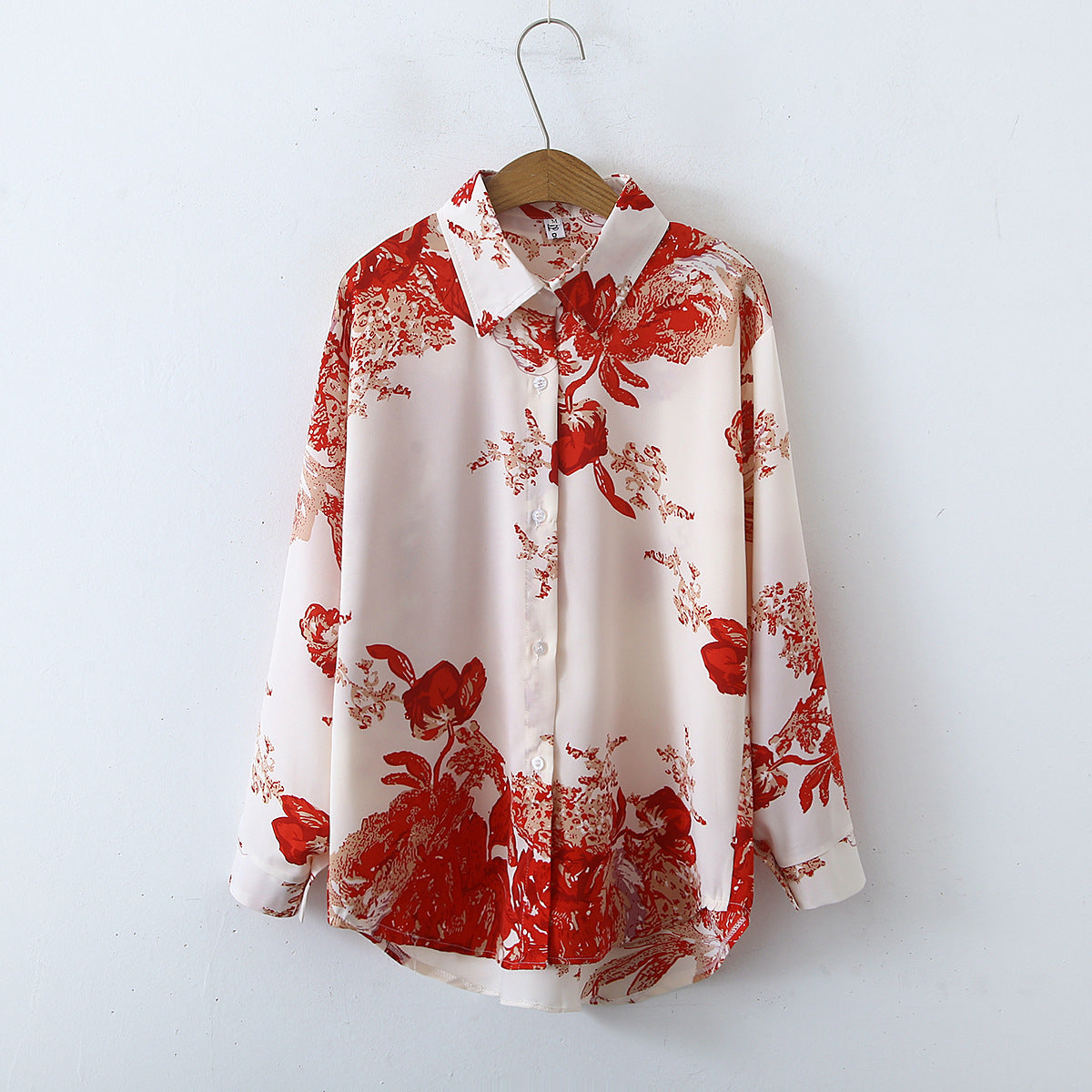 Autumn Retro Simple Printed Long Sleeve Satin Shirt Women