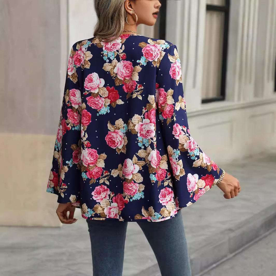 Women Clothing Best Seller Spring Autumn V neck Floral Print Bell Sleeve Women Shirt