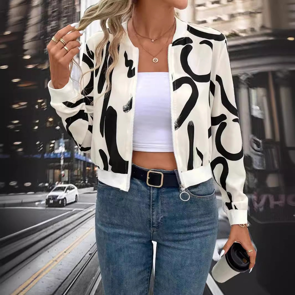 Autumn Winter Elegant Women Pattern Printed Zipper Varsity Jacket Casual Top Coat